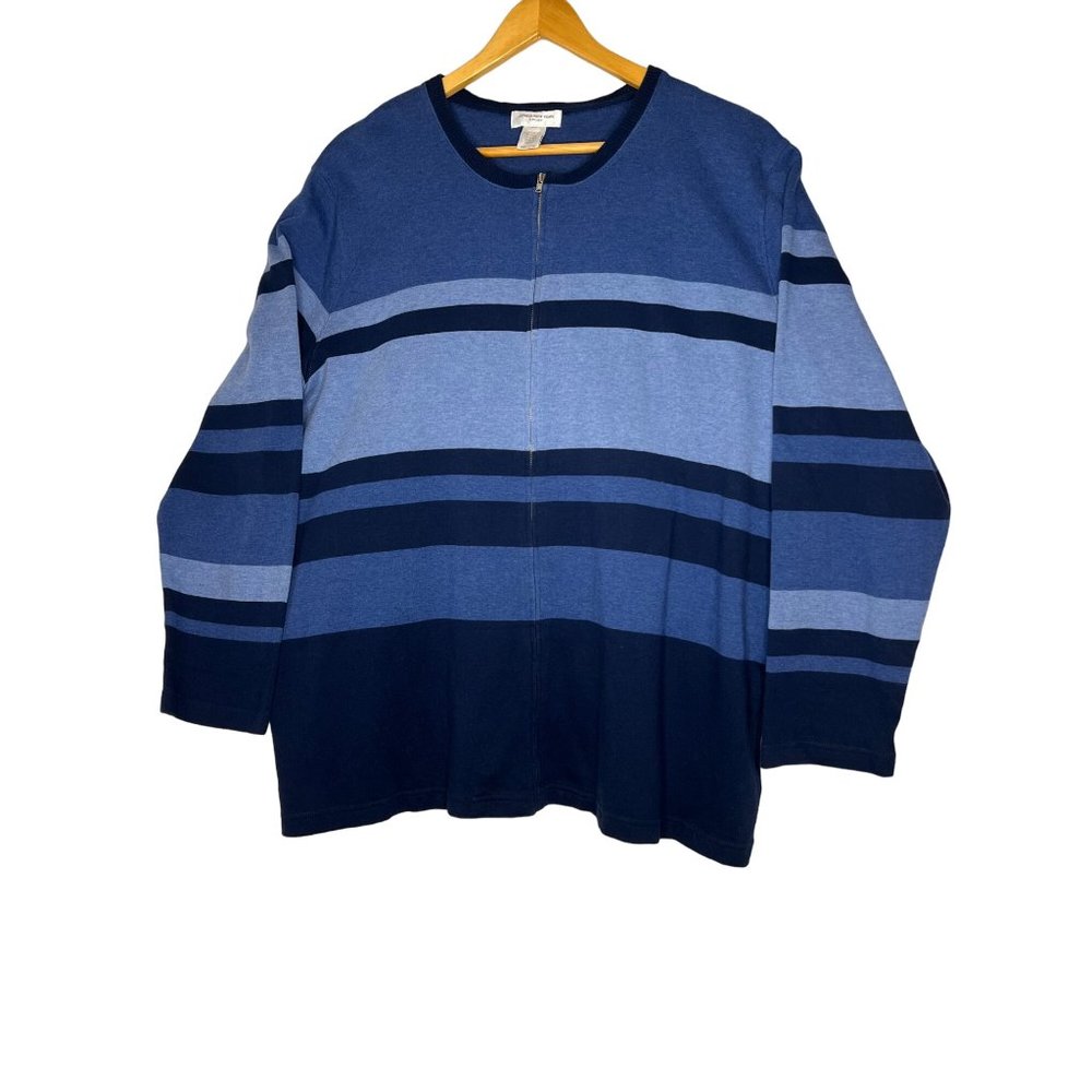 Jones, New York sport 2X knit cardigan, zip front blue stripes round neck long s